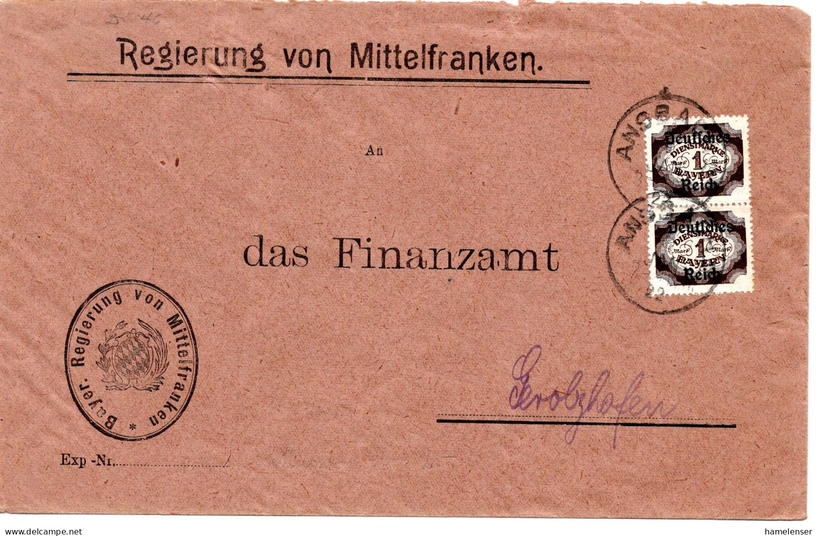 64447 - Deutsches Reich / Dienst - 1922 - 2@1M Abschied A DienstBf ANSBACH -> Gerolzhofen - Officials