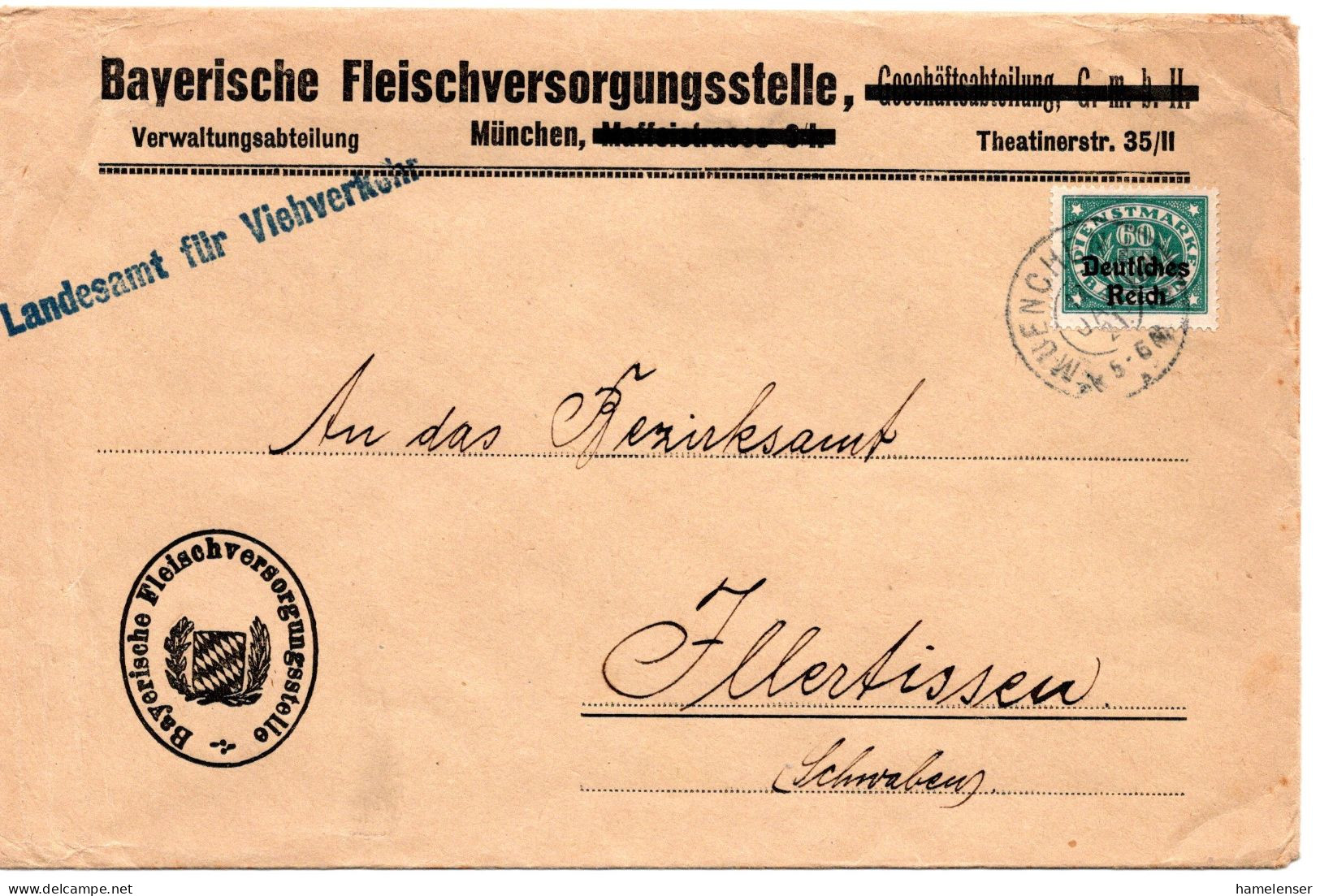 64448 - Deutsches Reich / Dienst - 1921 - 60Pfg Abschied EF A DienstBf MUENCHEN -> Illertissen - Service