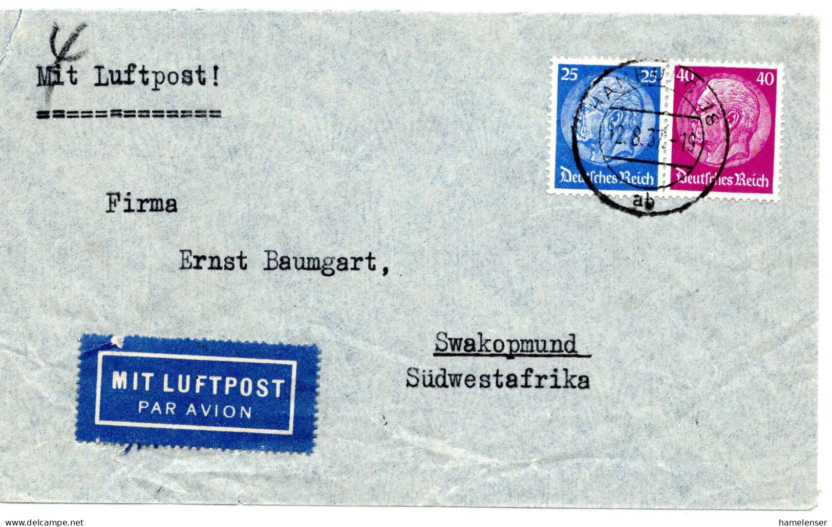 64452 - Deutsches Reich - 1937 - 40Pfg Hindenburg MiF A LpBf HAMBURG -> SWAKOPMUND (Suedwestafrika) - Lettres & Documents