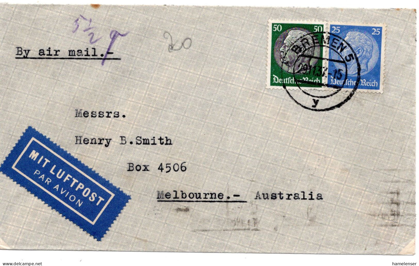 64453 - Deutsches Reich - 1937 - 50Pfg Hindenburg MiF A LpBf BREMEN -> MELBOURNE (Australien) - Lettres & Documents