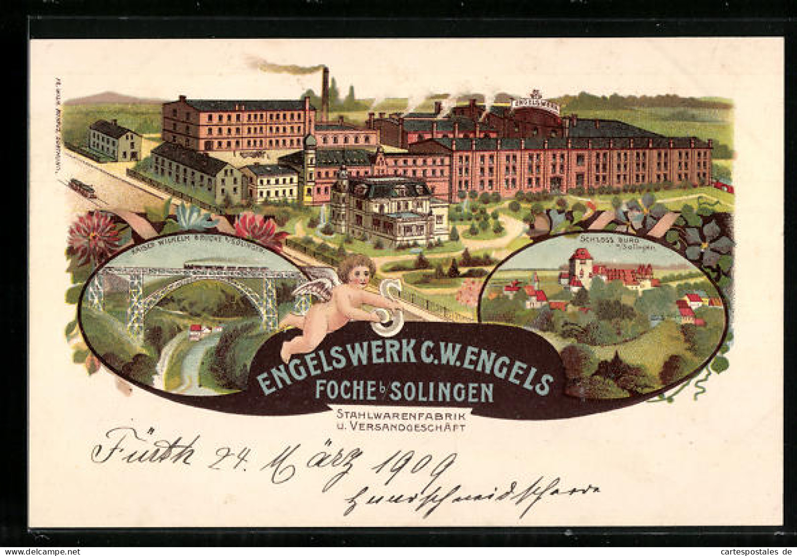 Lithographie Foche Bei Solingen, Schloss Burg, Stahlwarenfabrik Engelswerk C. W. Engels, Gesamtansicht  - Solingen