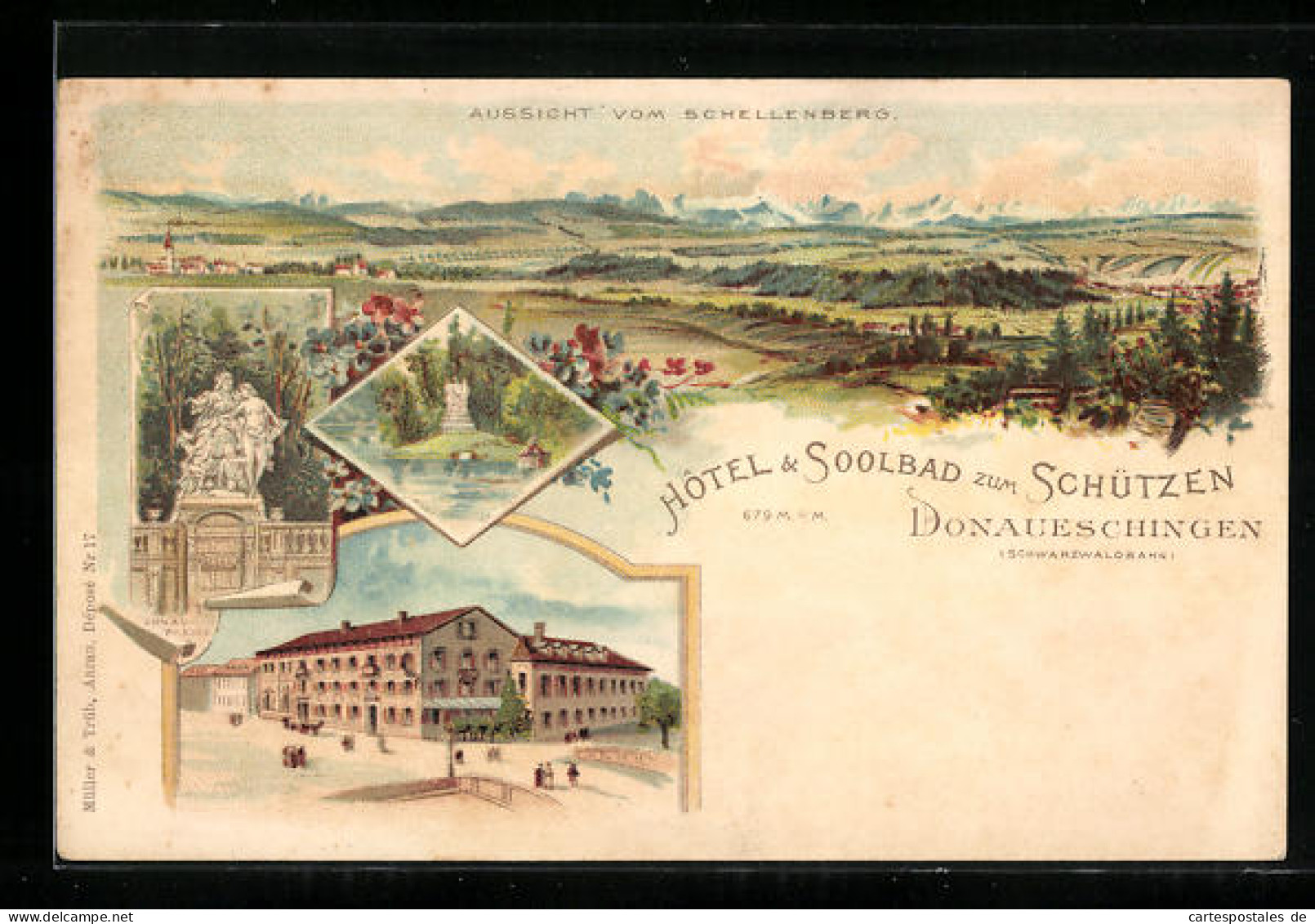 Lithographie Donaueschingen, Aussicht Vom Schellenberg, Hotel & Soolbad Zum Schützen  - Donaueschingen