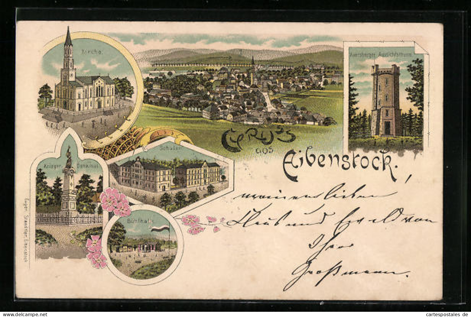 Lithographie Eibenstock, Gesamtansicht, Schulen, Bühlhalle  - Eibenstock
