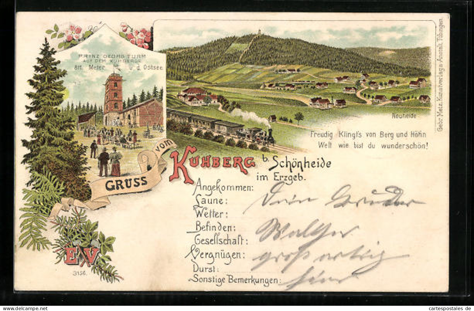 Lithographie Neuheide Bei Schönheide /Erzgeb., Gesamtansicht Mit Eisenbahn, Gasthaus Und Turm Auf Dem Kuhberg  - Schönheide