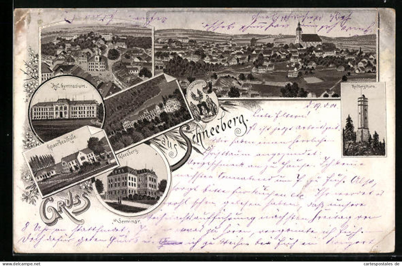 Lithographie Schneeberg, Ortsansichten, Gewerbeschule, Gleesberg  - Schneeberg