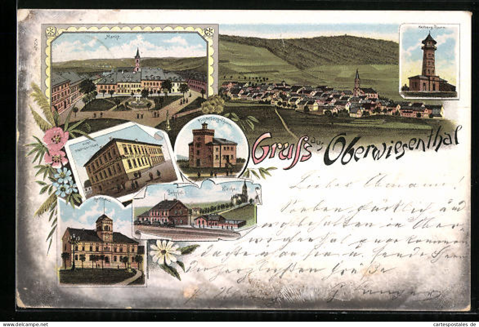 Lithographie Oberwiesenthal, Ortsansicht, Markt, Hotel Stadt Carlsbad, Bahnhof  - Oberwiesenthal