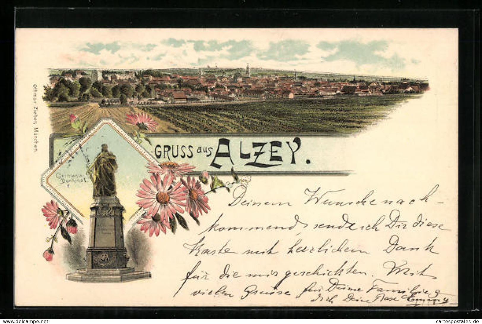 Lithographie Alzey, Panorama Der Stadt, Germania-Denkmal  - Alzey