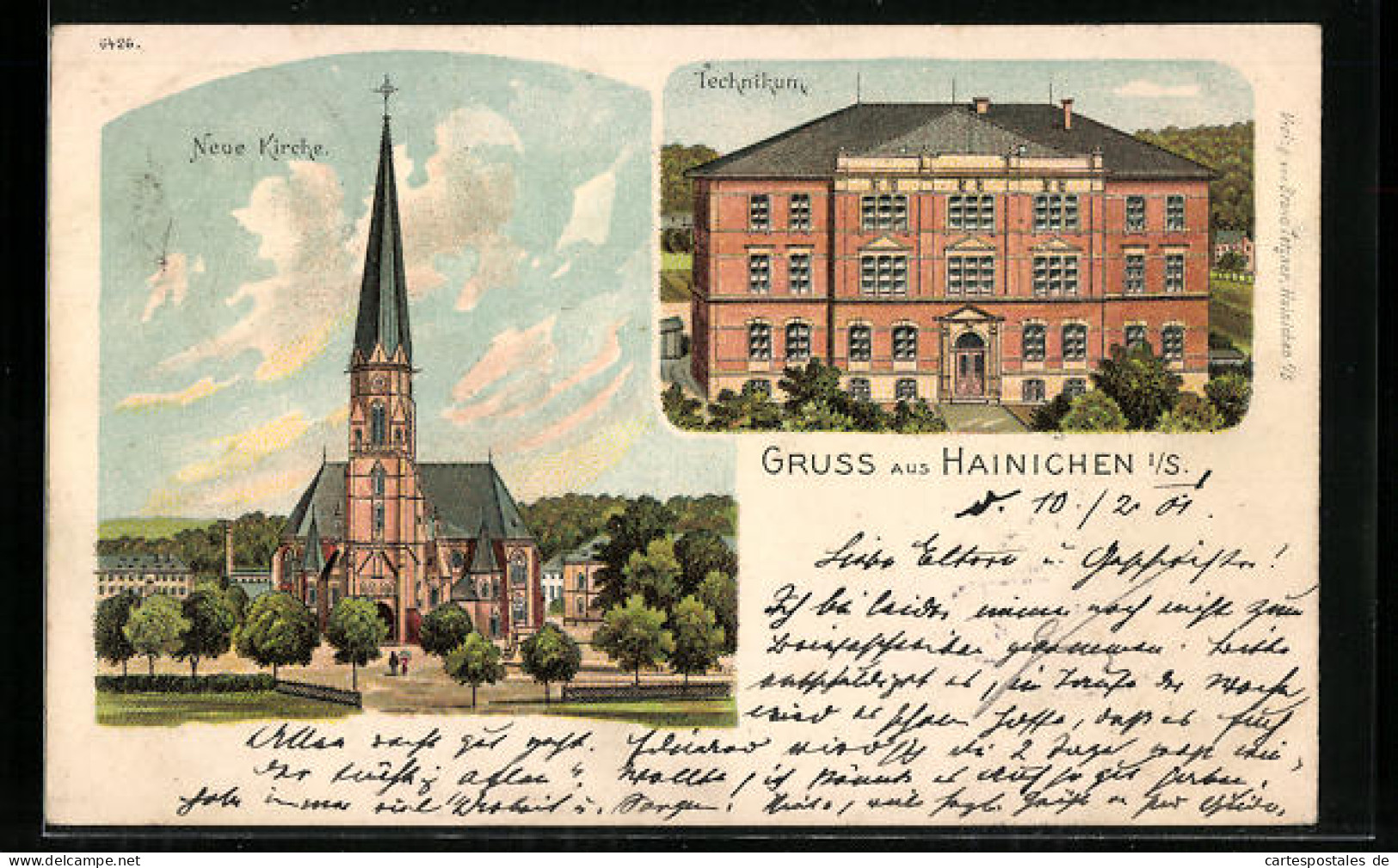 Lithographie Hainichen, Technikum, Neue Kirche  - Hainichen