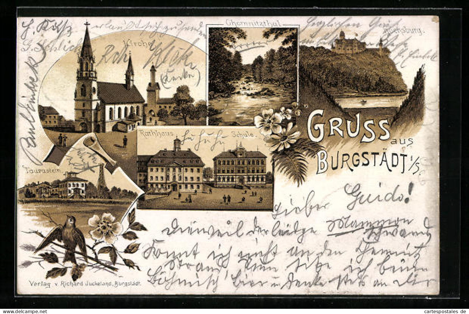 Lithographie Burgstädt I. S., Kirche, Rathaus, Rochsburg  - Burgstädt