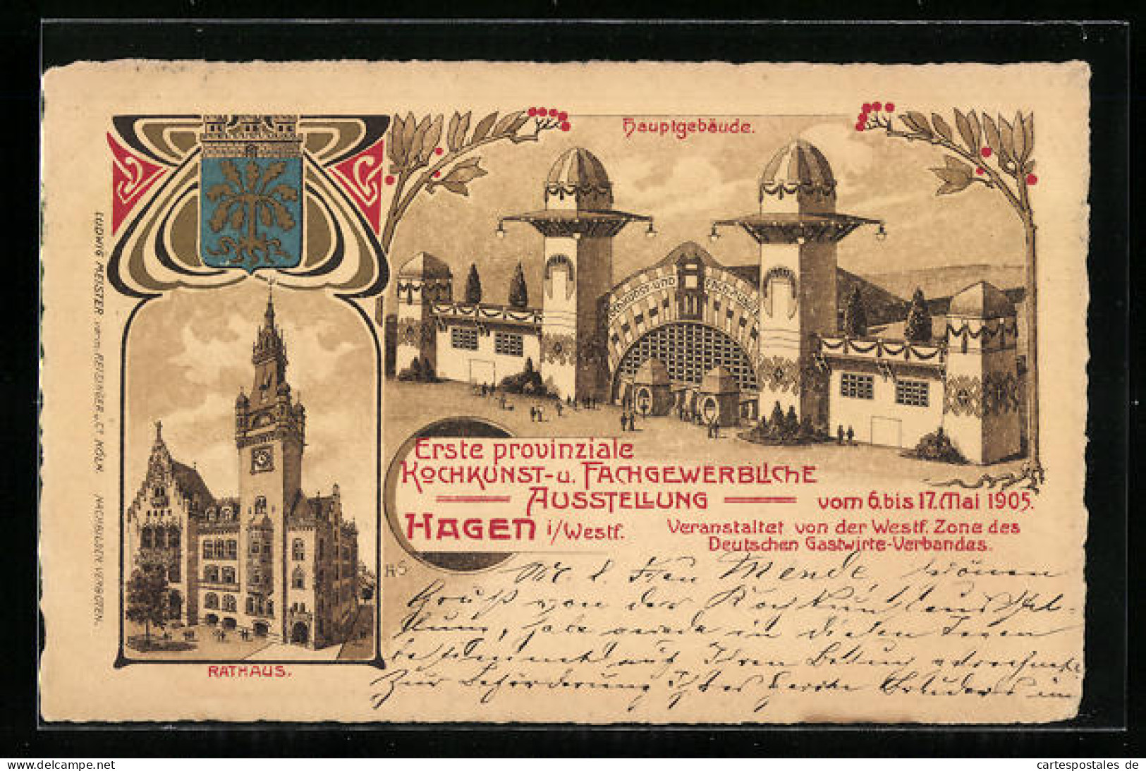 Lithographie Hagen I. W., Erste Provinziale Kochkunst- Und Fachgewerbliche Ausstellung 1905, Hauptgebäude, Rathaus  - Expositions