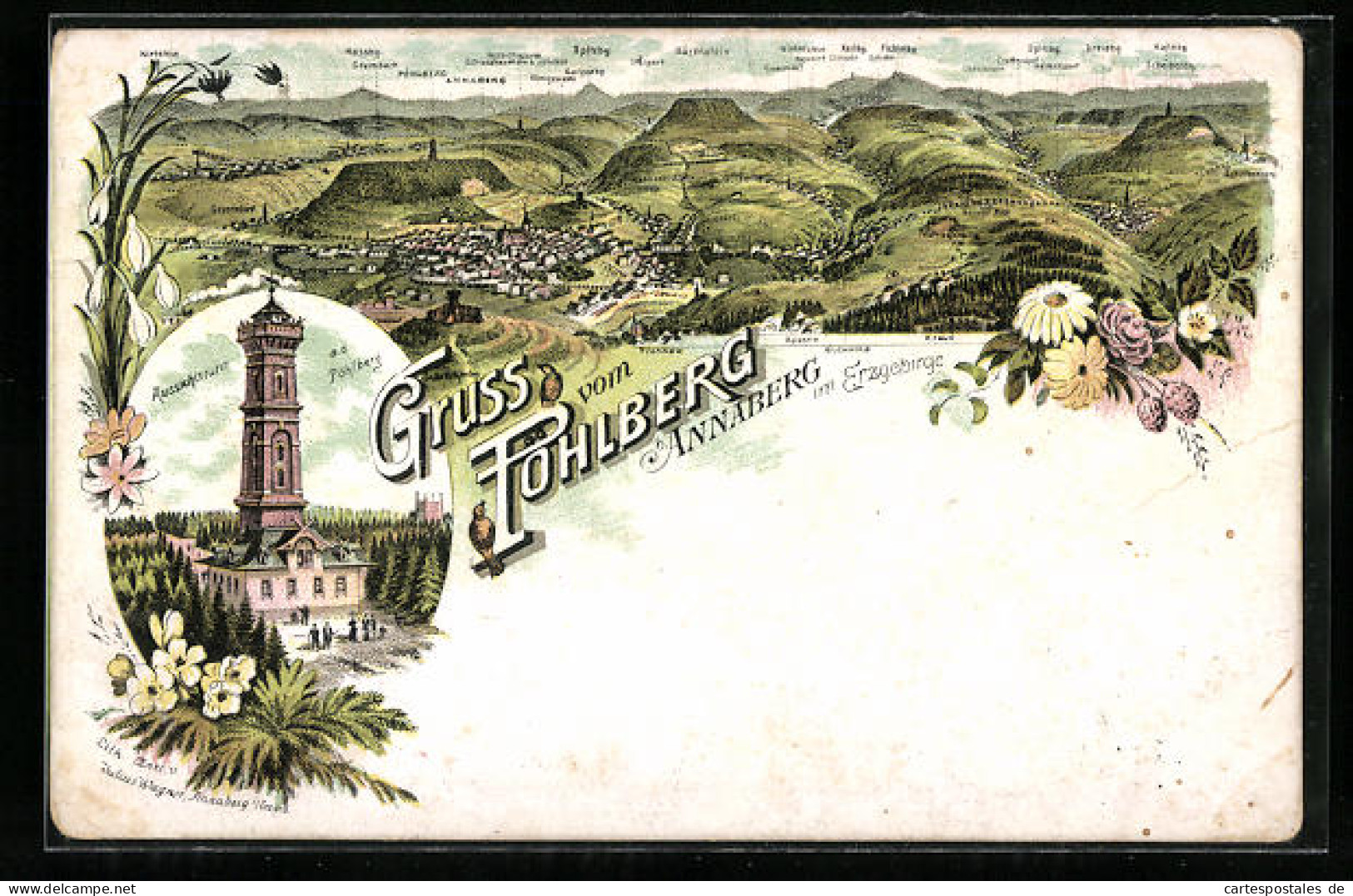 Lithographie Annaberg, Pöhlberg-Turm & Gasthaus, Panorama  - Poehl