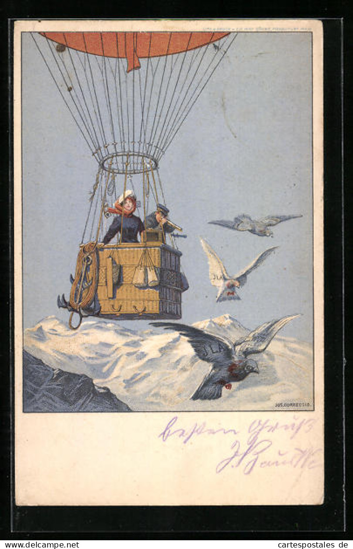 AK Frankfurt A. M., Internationale Luftschiffahrt Ausstellung 1909, Ballonfaher In Den Bergen, Brieftauben, Ganzsache  - Luchtballon