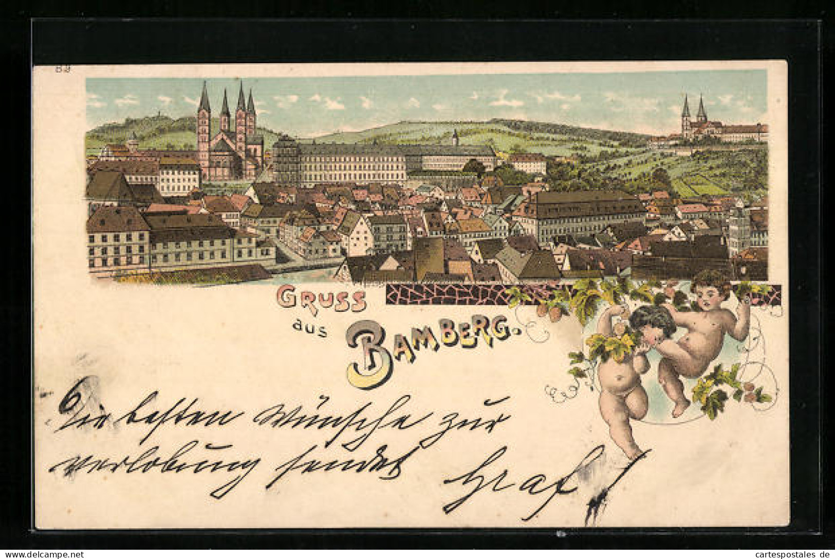 Lithographie Bamberg, Totalansicht, Zwei Nackte Buben Turnen An Weinranken  - Bamberg