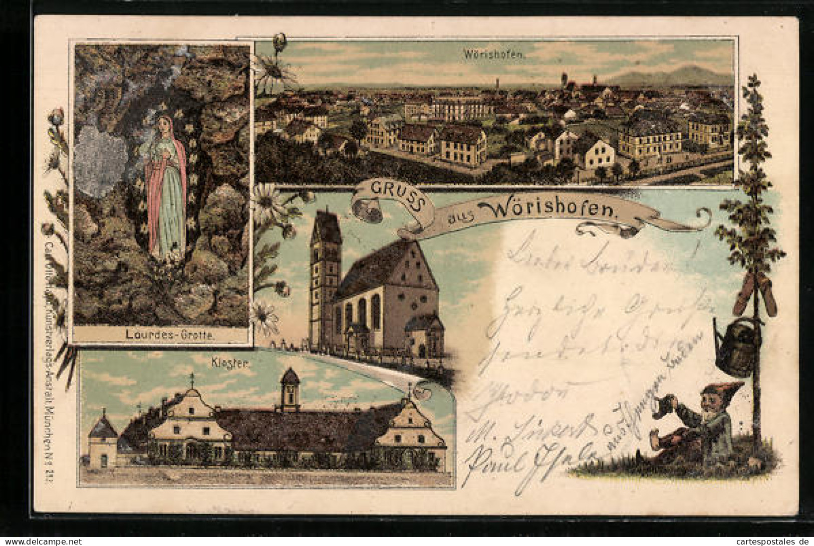 Lithographie Wörishofen, Kloster, Lourdes-Grotte, Gesamtansicht  - Bad Woerishofen