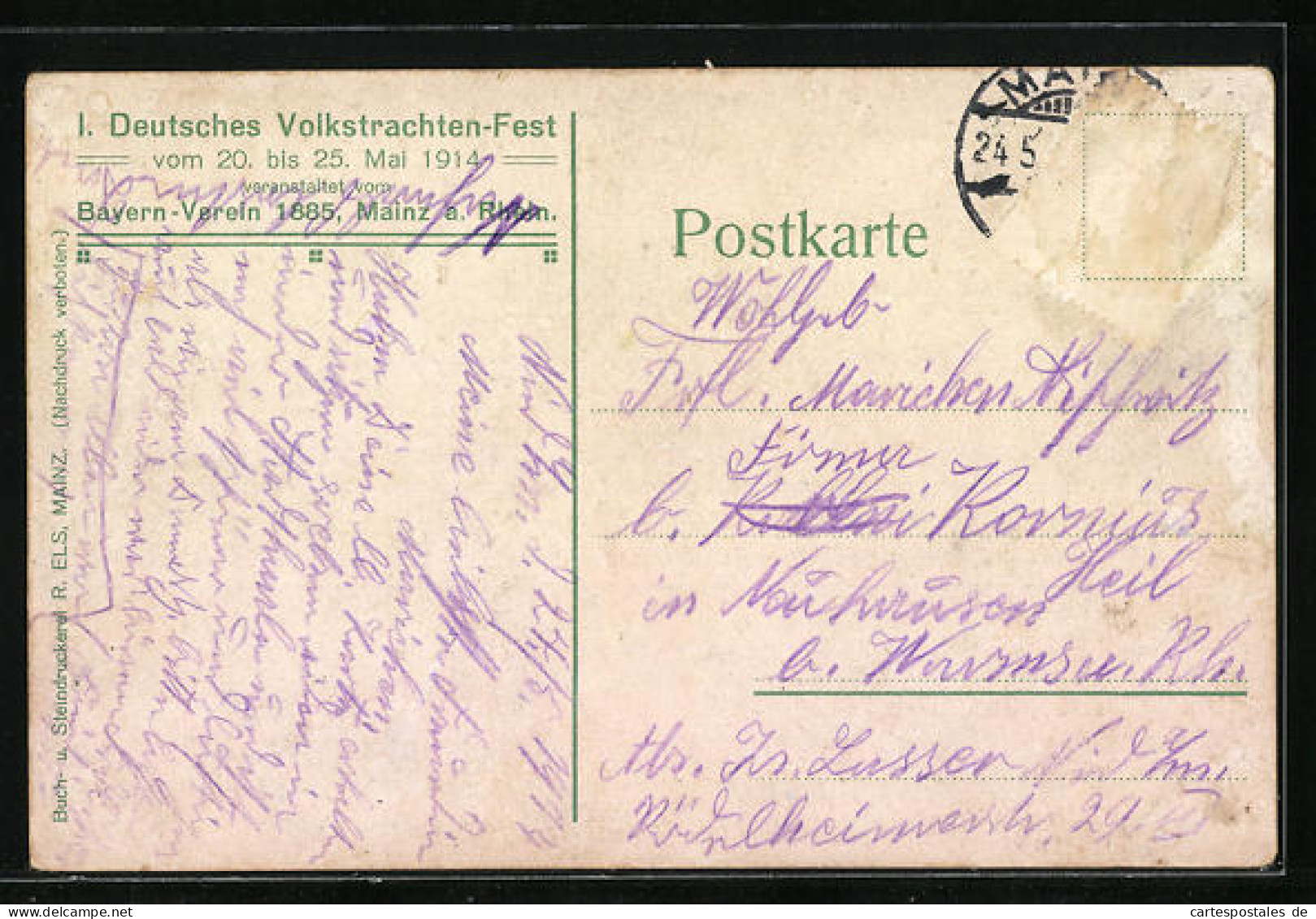 Künstler-AK Mainz, 1. Deutsches Volkstrachten-Fest 20.-25. Mai 1914, Gruppe Aus Dem Festzug, Bacchus Wagen  - Mainz