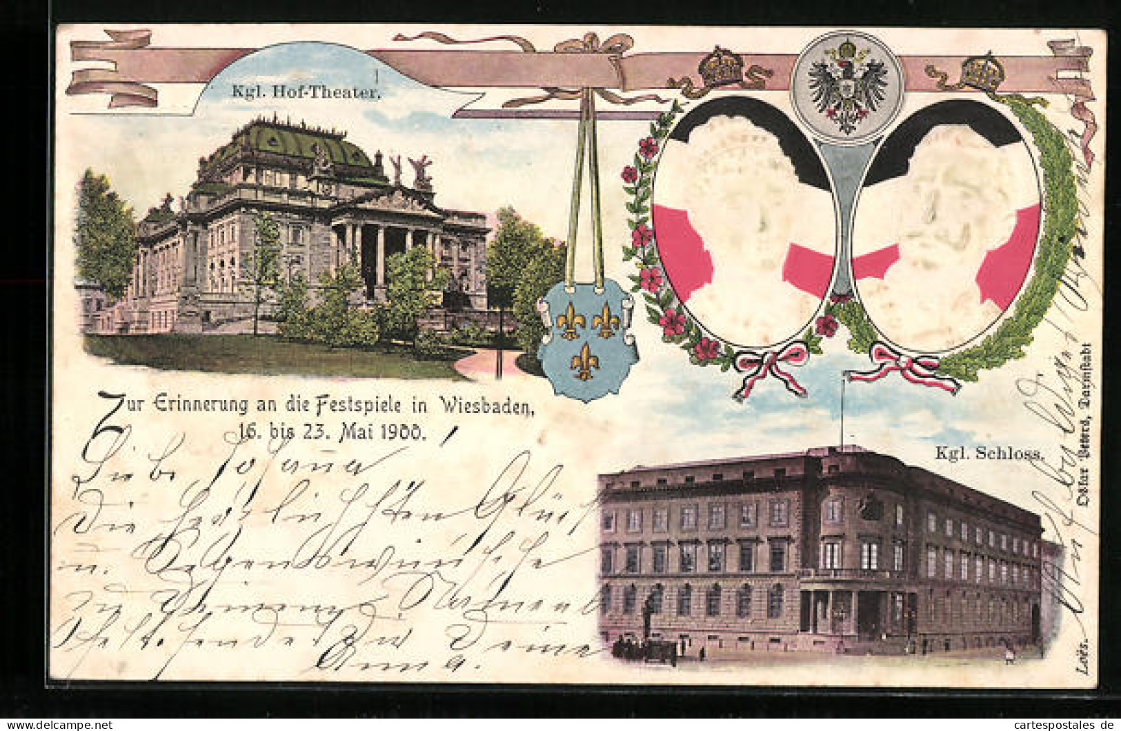 Präge-Lithographie Wiesbaden, Erinnerung An Festspiele 16-23 Mai 1900, Kgl. Hof-Theater, Kgl. Schloss  - Theater