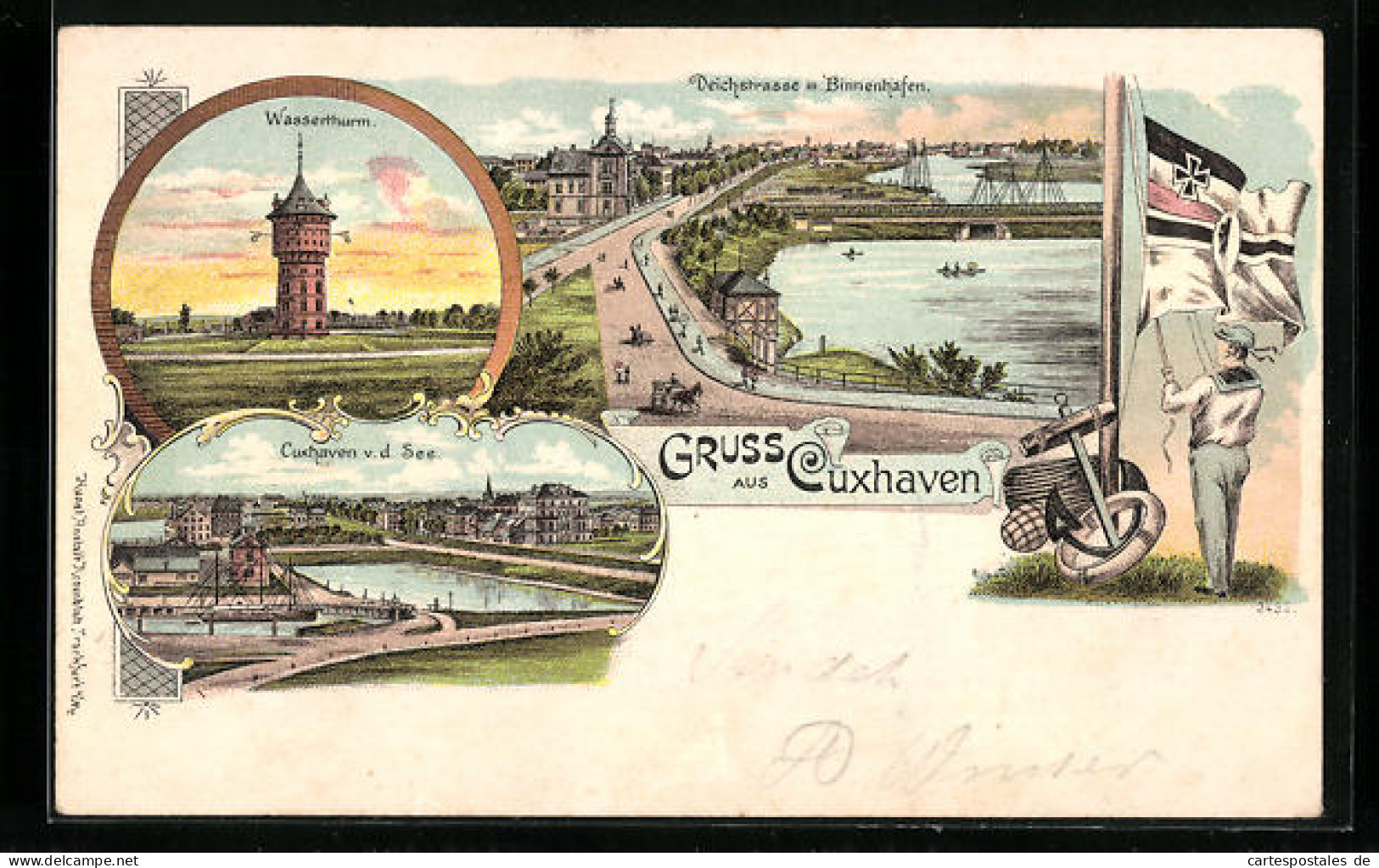 Lithographie Cuxhaven, Deichstrasse M. Binnenhafen, Wasserthurm  - Cuxhaven