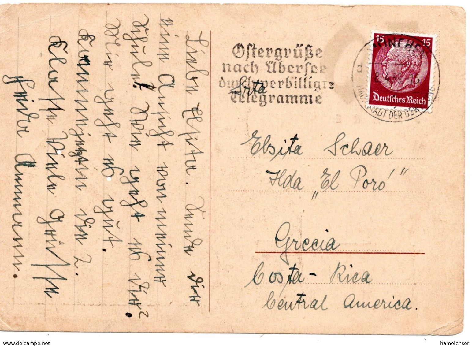 64456 - Deutsches Reich - 1939 - 15Pfg Hindenburg EF A AnsKte MUENCHEN - OSTERGRUESSE ... -> Costa Rica - Lettres & Documents