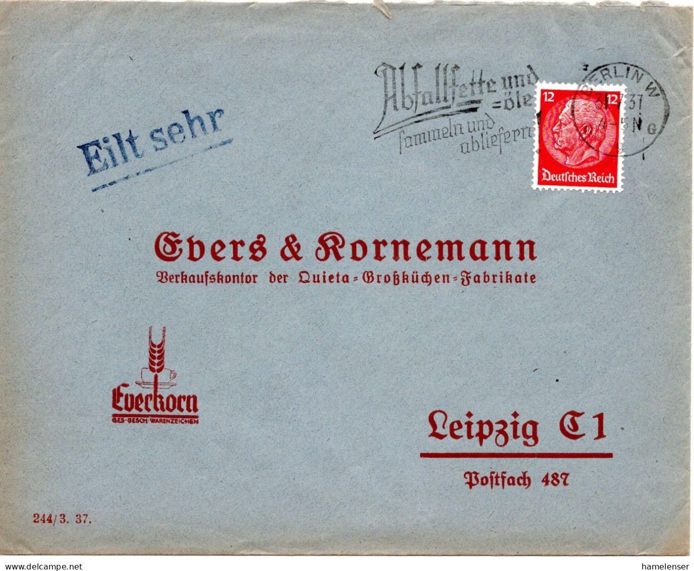 64457 - Deutsches Reich - 1937 - 12Pfg Hindenburg EF A Bf BERLIN - ABFALLFETTE ... SAMMELN UND ABLIEFERN! -> Leipzig - Protection De L'environnement & Climat