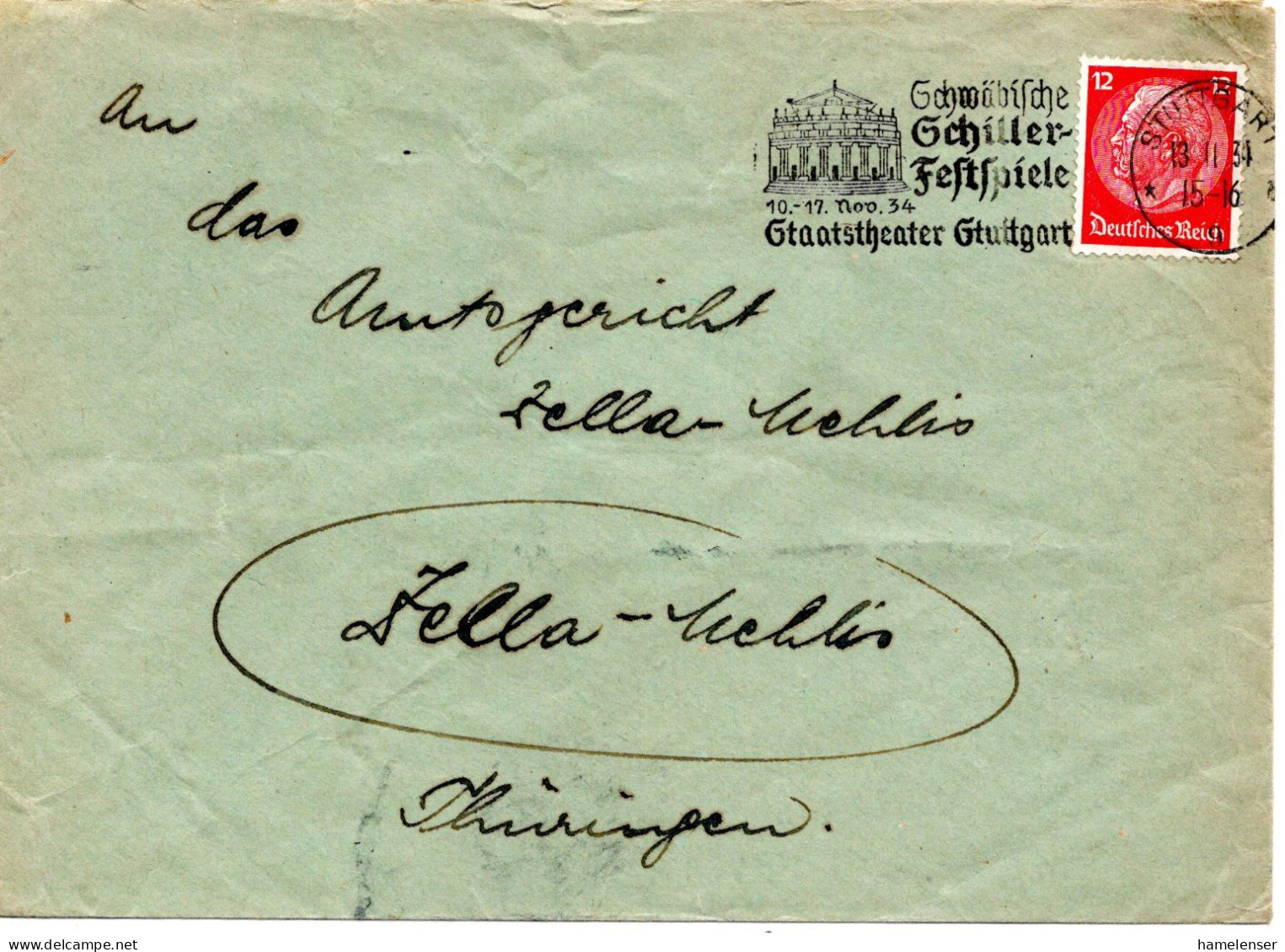 64458 - Deutsches Reich - 1934 - 12Pfg Hindenburg EF A Bf STUTTGART - ... SCHILLER-FESTSPIELE ... -> Zella-Mehlis - Ecrivains