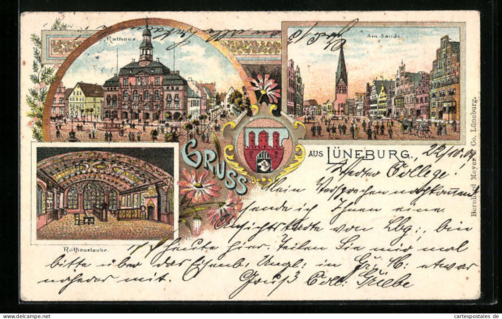 Lithographie Lüneburg, Strassenpartie Am Sande, Rathaus  - Lüneburg
