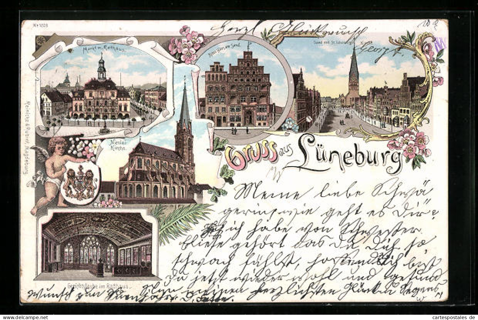 Lithographie Lüneburg, Markt Mit Rathaus, Nicolai-Kirche, Gerichtslaube Im Rathaus  - Lüneburg