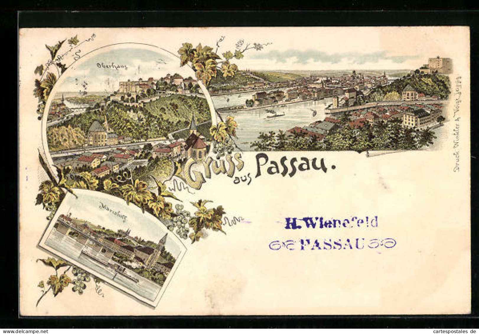 Lithographie Passau, Oberhaus, Mariahilf, Totalansicht  - Passau