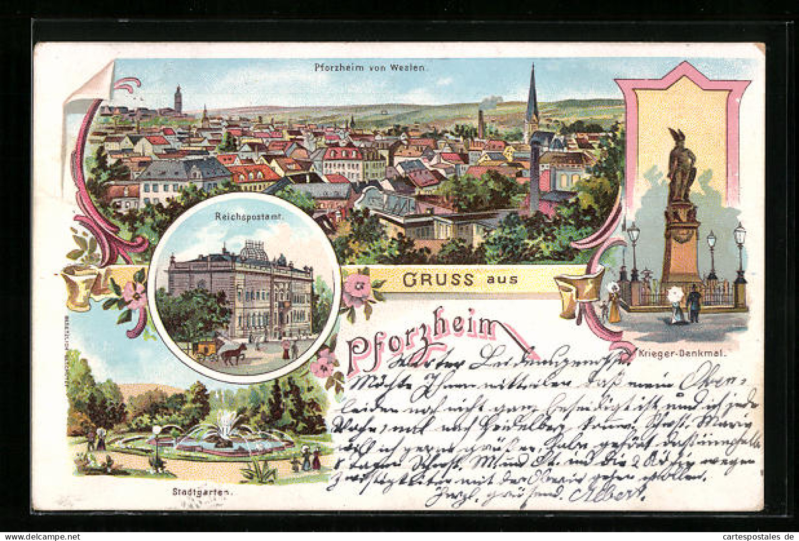 Lithographie Pforzheim, Ortsansicht Von Westen, Reichspostamt, Stadtgarten  - Pforzheim