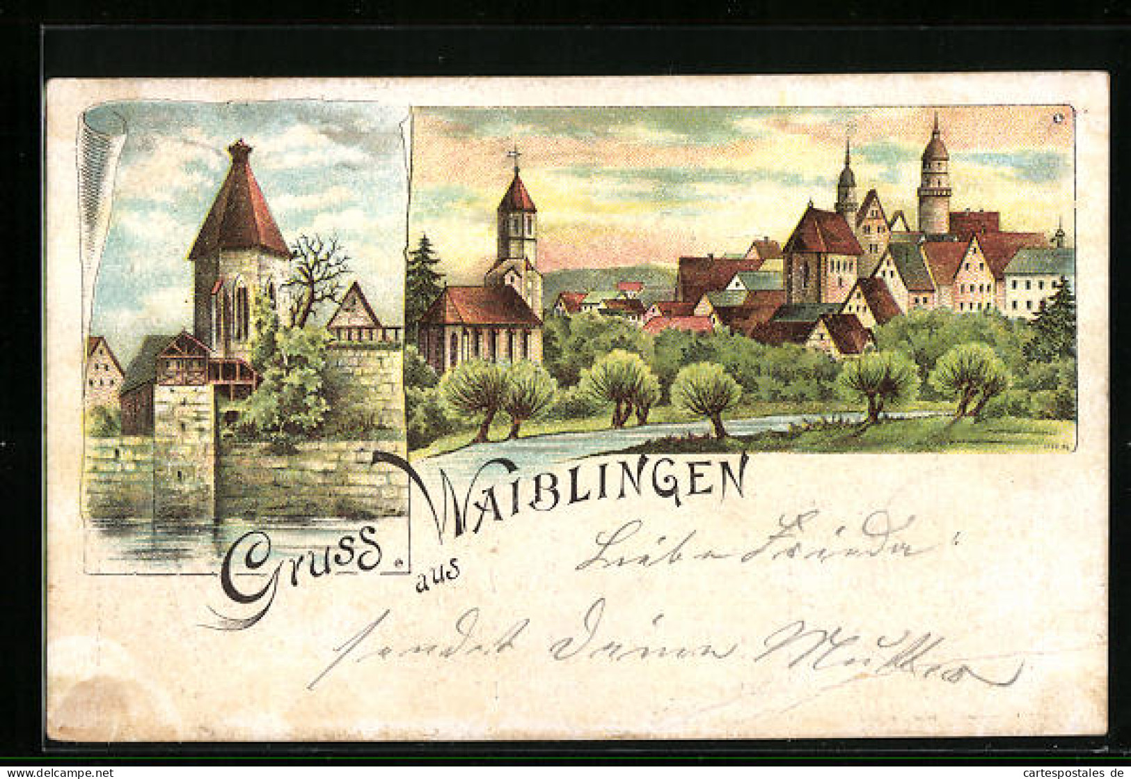 Lithographie Waiblingen, Totalansicht Mit Uferpartie  - Waiblingen