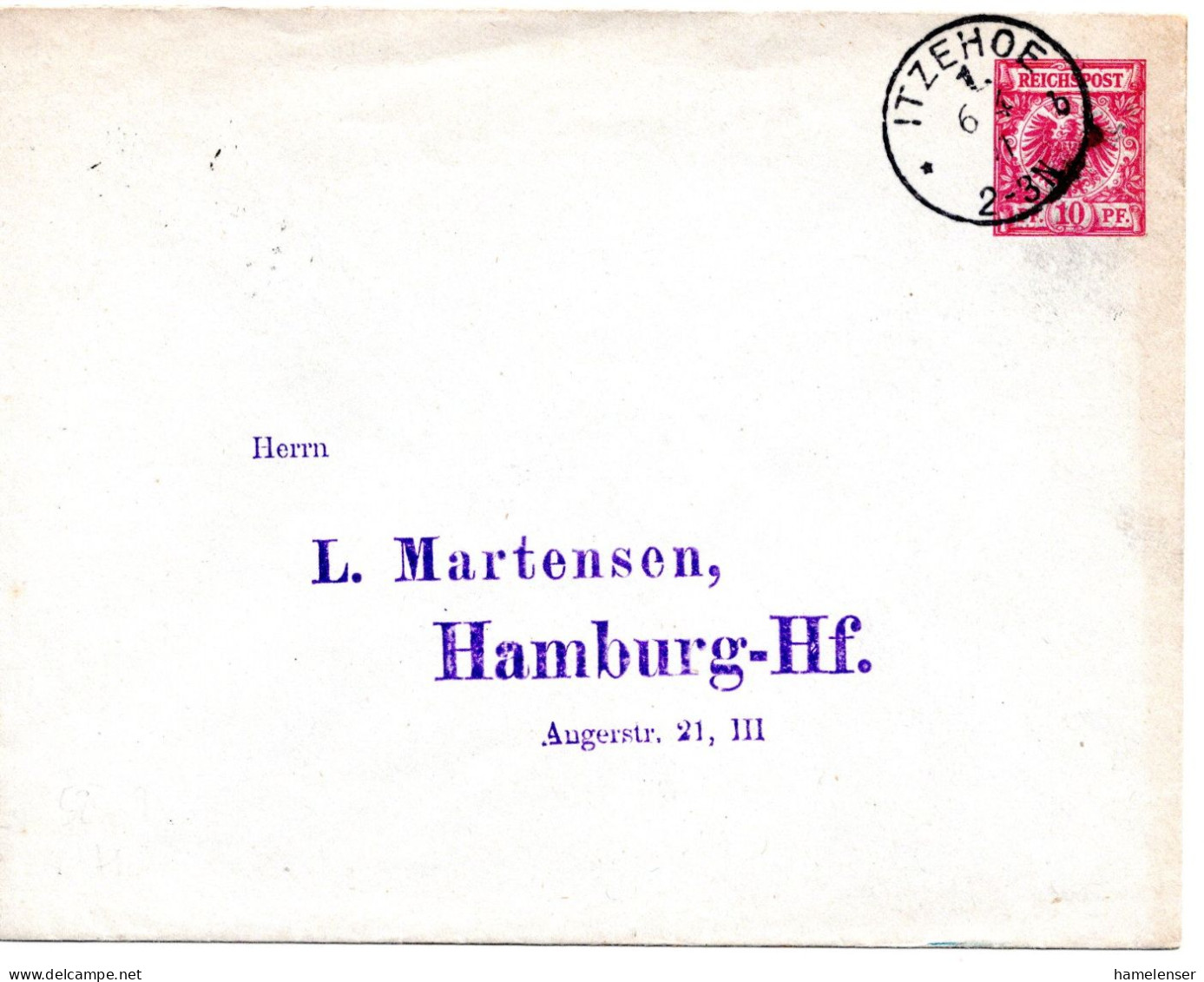 64463 - Deutsches Reich - 1891 - 10Pfg Krone / Adler GAU ITZEHOE -> HAMBURG - Lettres & Documents