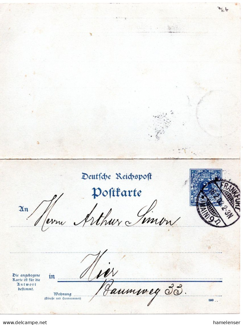 64465 - Deutsches Reich - 1902 - 2Pfg Krone / Adler GAAntwKte (kpl) FRANKFURT - Lettres & Documents