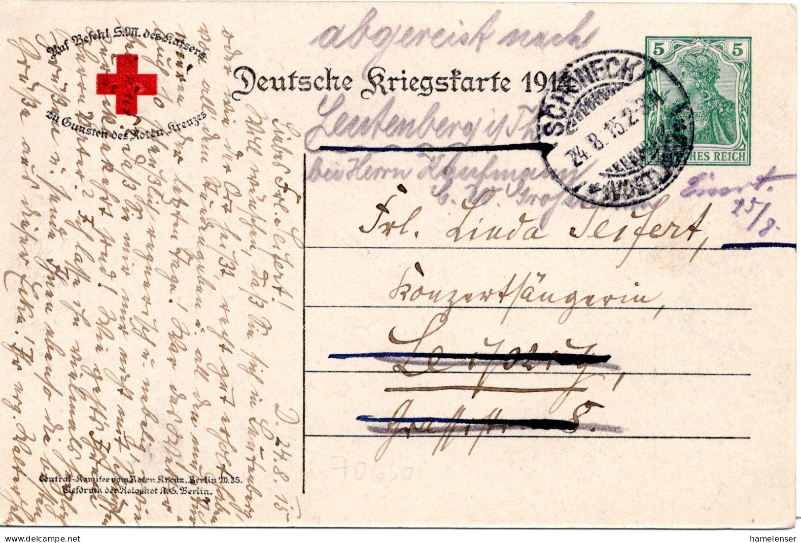 64466 - Deutsches Reich - 1915 - 5Pfg Germania GAKte "Rotes Kreuz" SCHOENECK -> Leipzig, Nachgesandt ->Leutenberg - Briefe U. Dokumente