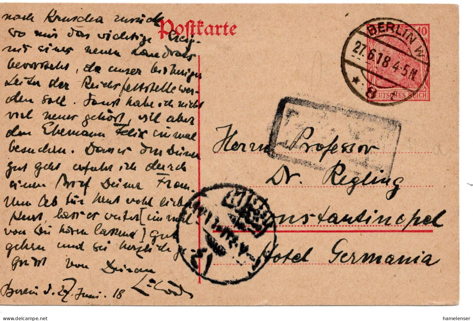 64468 - Deutsches Reich - 1918 - 10Pfg Germania GAKte BERLIN - CONSTANTINOPEL (Tuerkei) - Briefe U. Dokumente