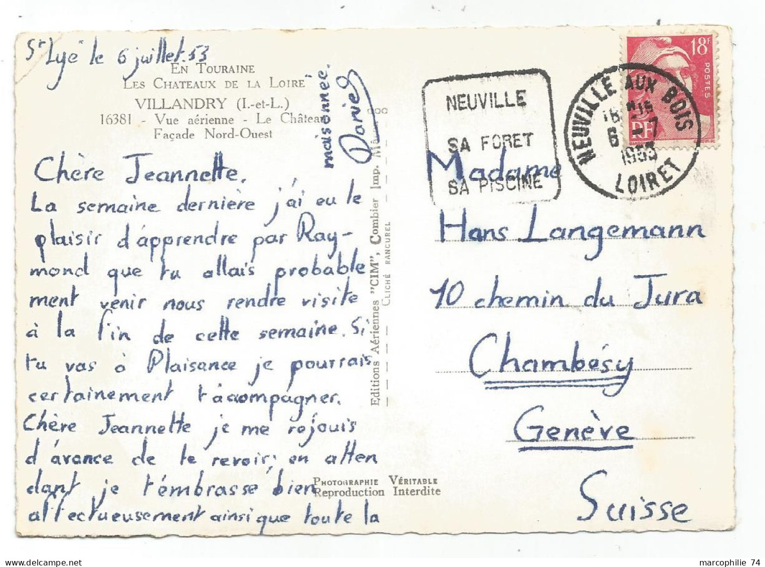 GANDON 18FR SEUL CARTE DAGUIN VEUVILLE SA FORET SA PISCINE NEUVILLE AUX BOIS 8.7.1953 LOIRET POUR SUISSE AU TARIF - Mechanical Postmarks (Advertisement)