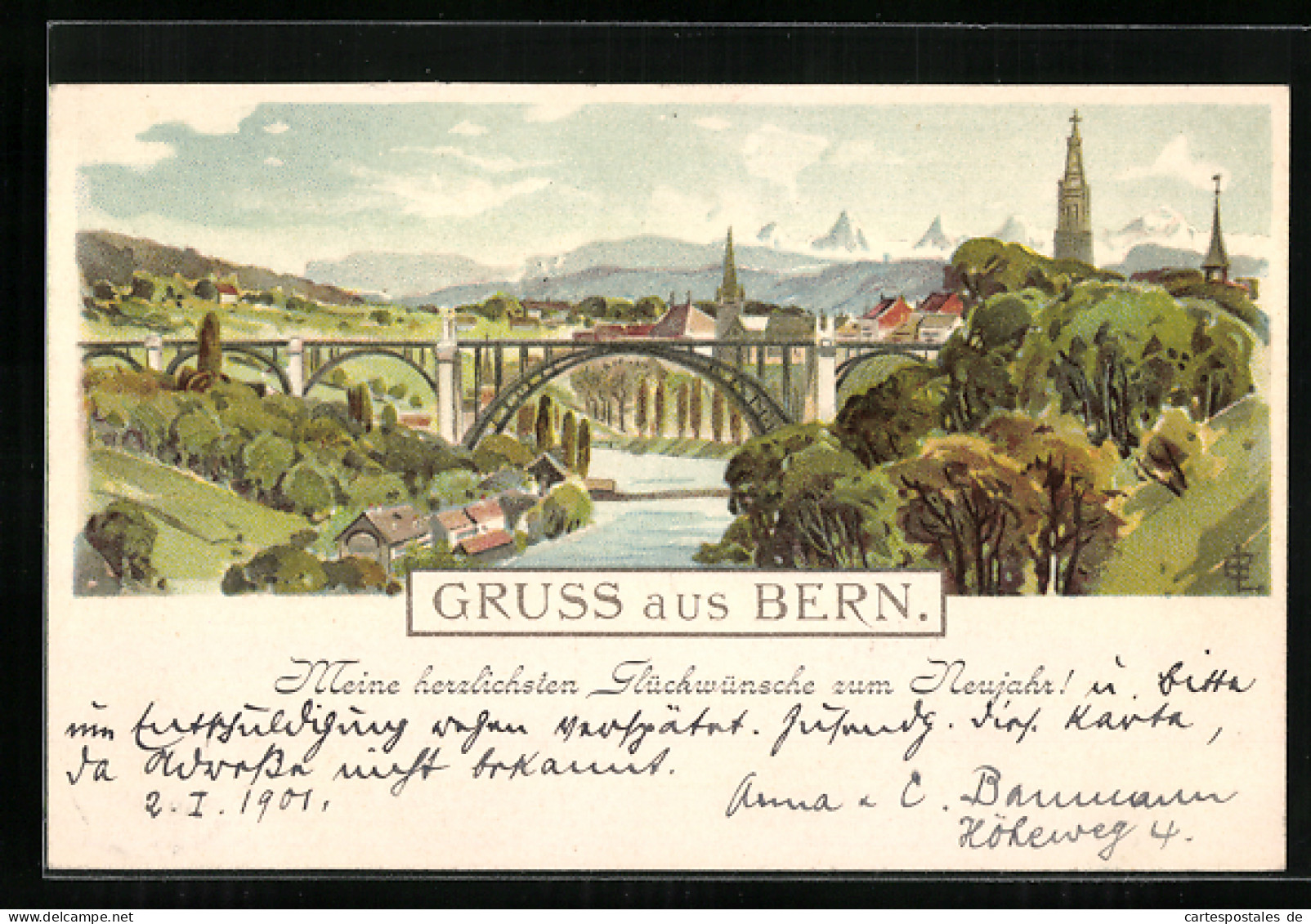 Künstler-AK Emil Lauterburg: Bern, Ortsansicht Mit Viadukt, Neujahrsgruss  - Autres & Non Classés