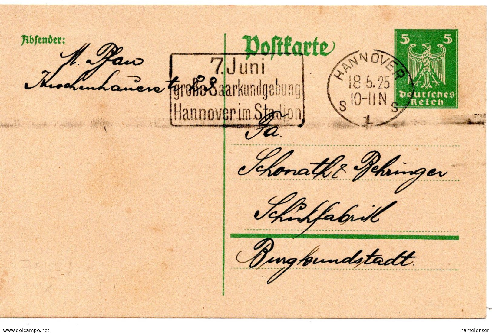 64472 - Deutsches Reich - 1925 - 5Pfg Adler GAKte HANNOVER - ... SAARKUNDGEBUNG ... -> Burgkunstadt - Lettres & Documents