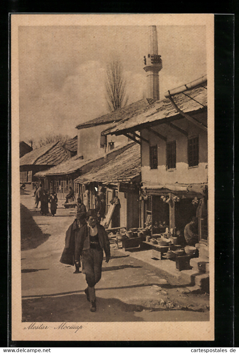 AK Mostar, Strassenpartie Im Ort, Minarett  - Bosnia And Herzegovina