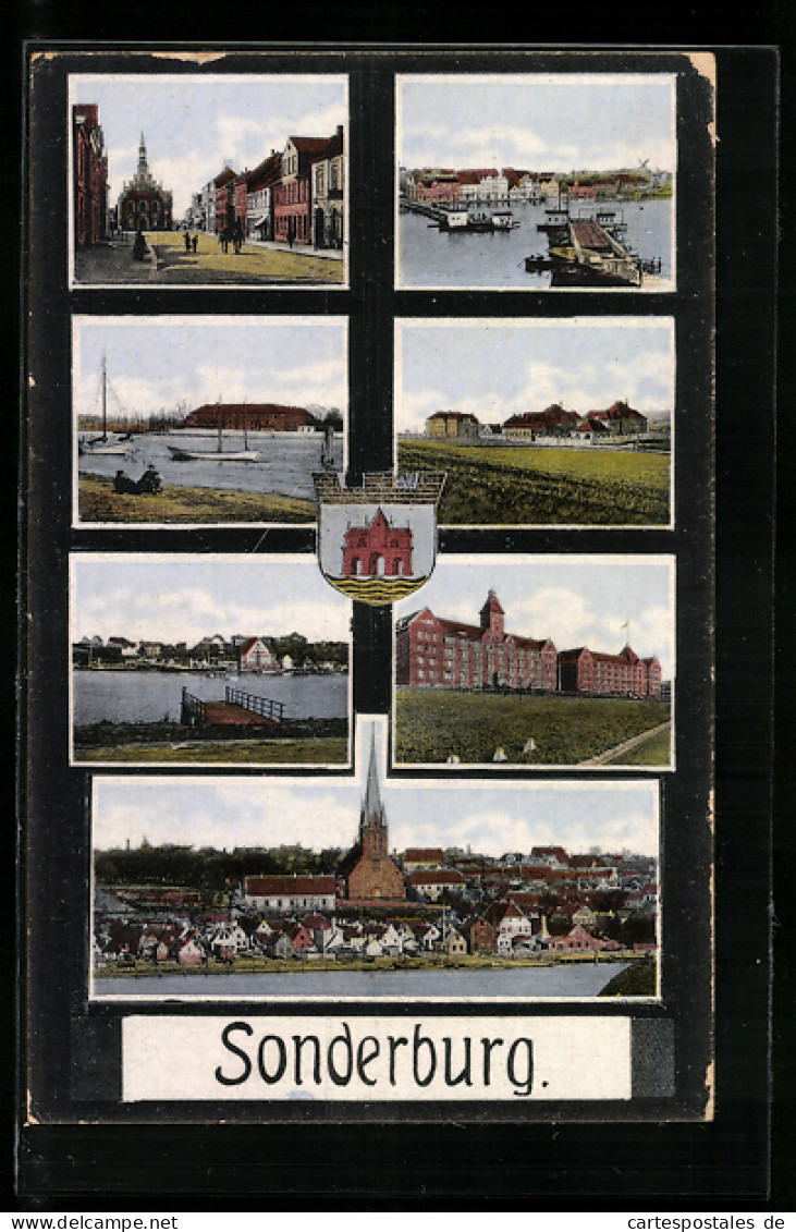 AK Sonderburg, Hafenpartie, Gesamtansicht, Wappen  - Dänemark