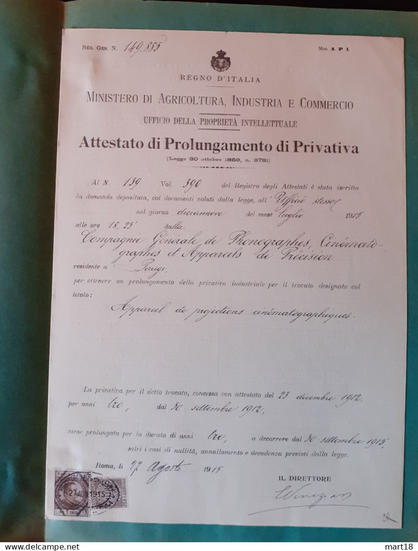 Brevet Invention 1912 - Phonographe Cinématographe - Italie - Projection - - Italie