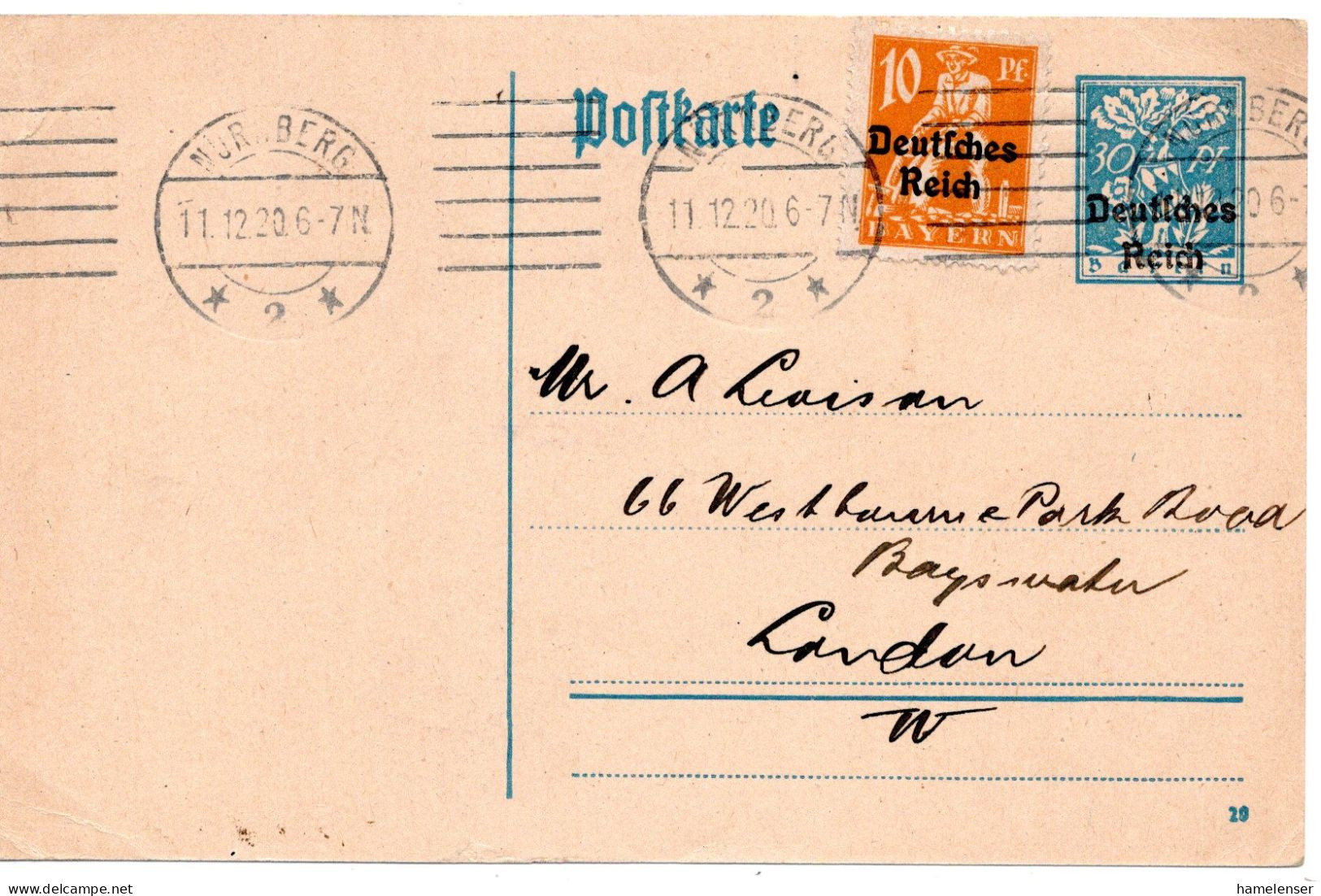 64474 - Deutsches Reich - 1920 - 30Pfg Abschied GAKte M ZusFrankatur NUERNBERG -> Grossbritannien - Lettres & Documents