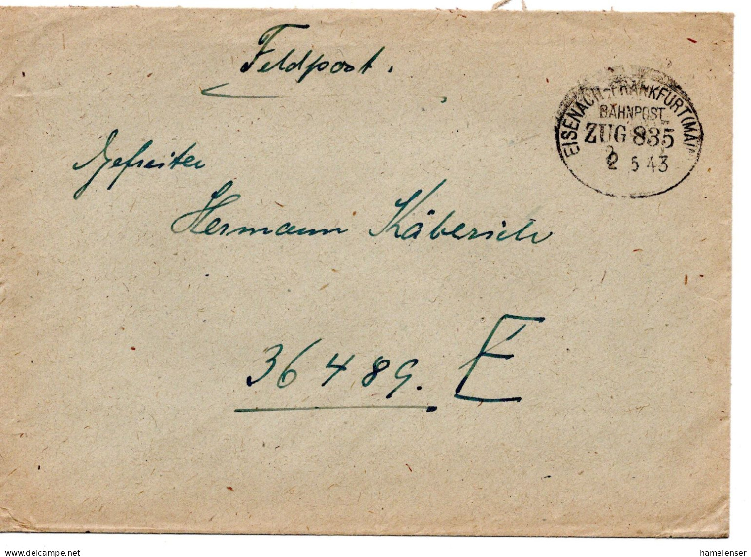 64484 - Deutsches Reich - 1943 - FpBf BahnpostStpl EISENACH-FRANKFURT -> Fp#36489E (2.5.43) - Lettres & Documents
