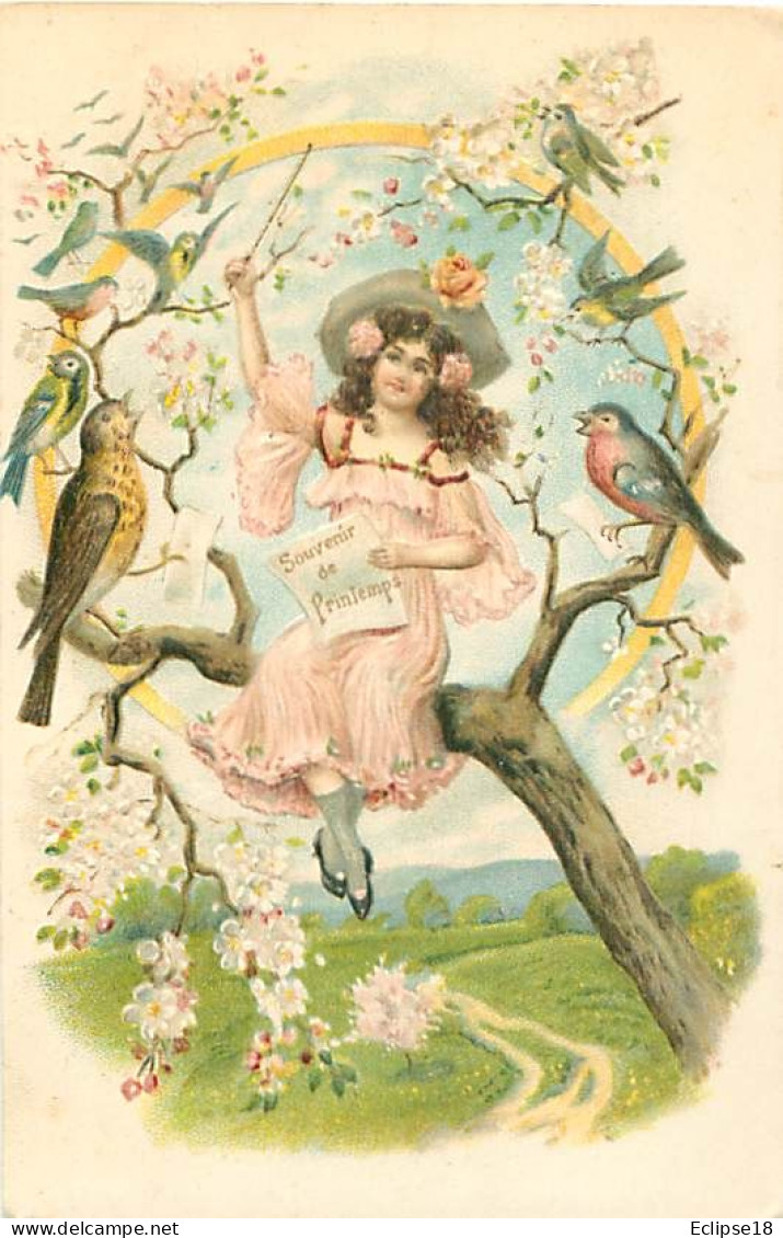 Illustration - Carte Gaufrée - Theme Oiseaux Enfant Fillette Musique     Q 2627 - Oiseaux