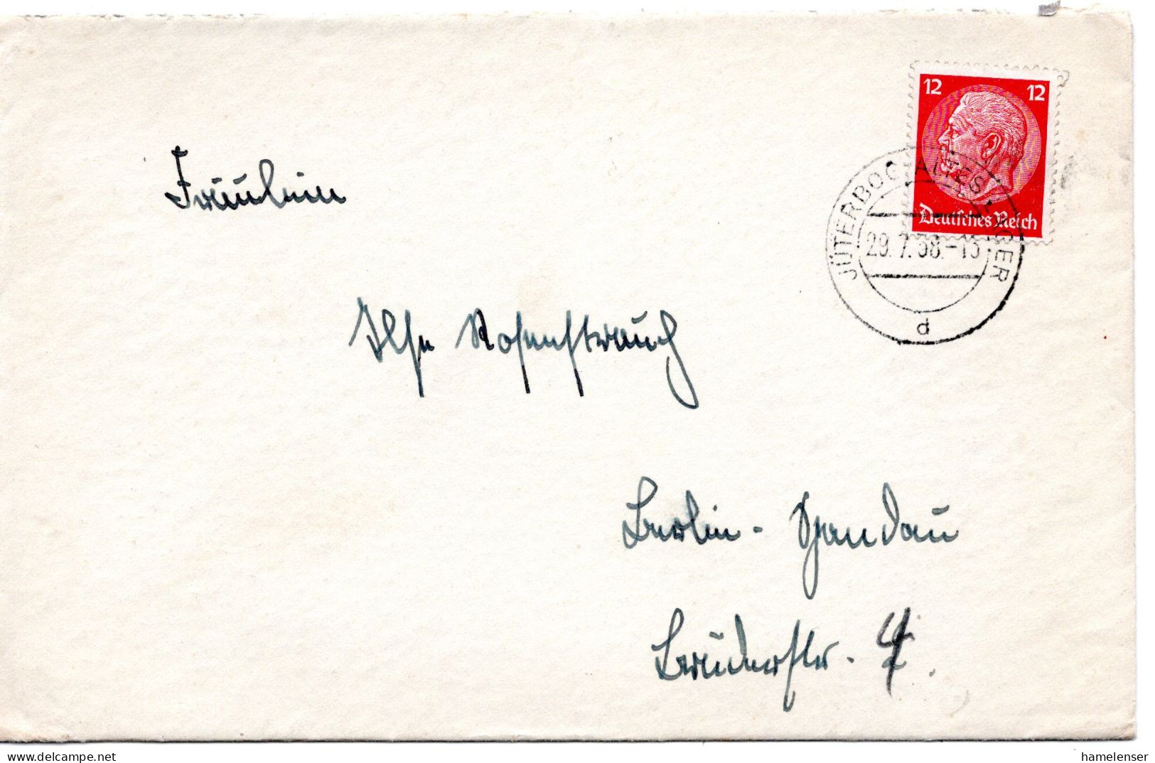 64487 - Deutsches Reich - 1938 - 12Pfg Hindenburg EF A Bf JUETERBOG ALTES LAGER -> Berlin - Lettres & Documents