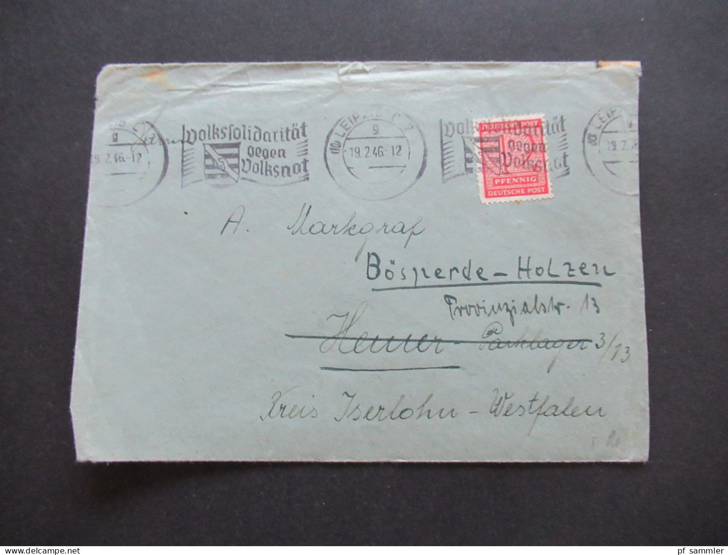 19.2.1946 SBZ West Sachsen Fernbrief Maschinenstempel Leipzig C2 Volkssolidarität Gegen Volksnot - Hemer - Covers & Documents