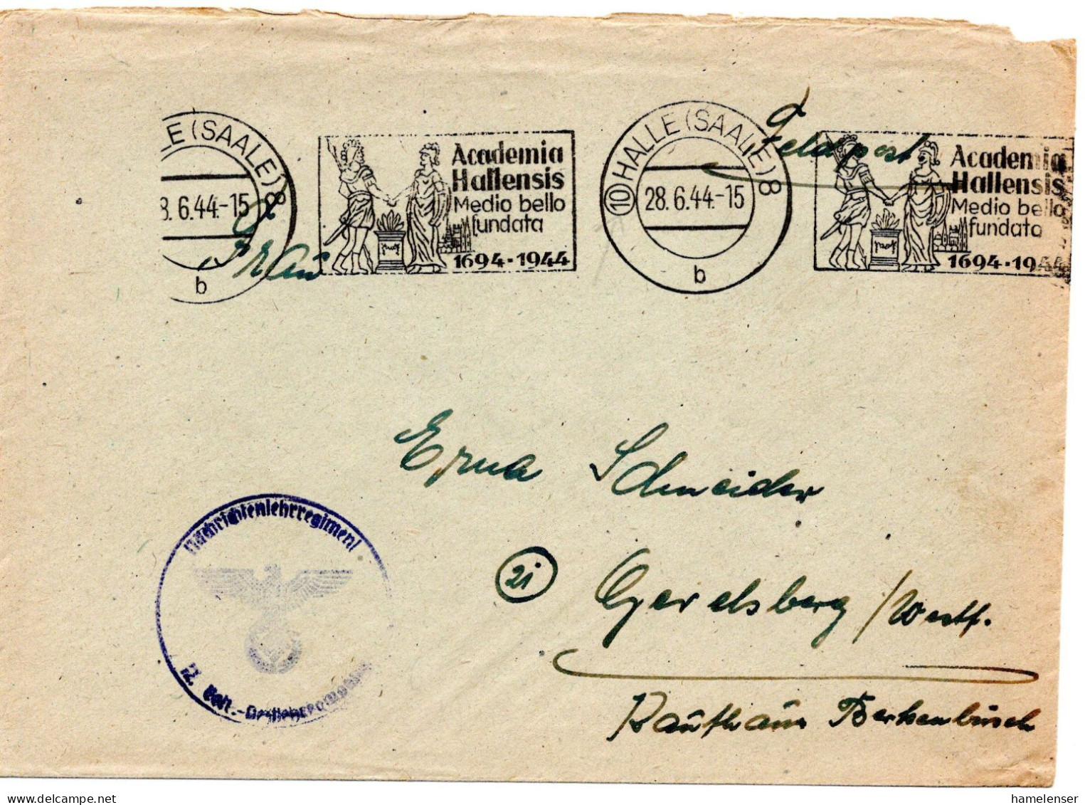 64488 - Deutsches Reich - 1944 - FpBf PLZ-MaschStpl HALLE - ACADEMIA HALLENSIS ... -> Gevelsberg - Lettres & Documents