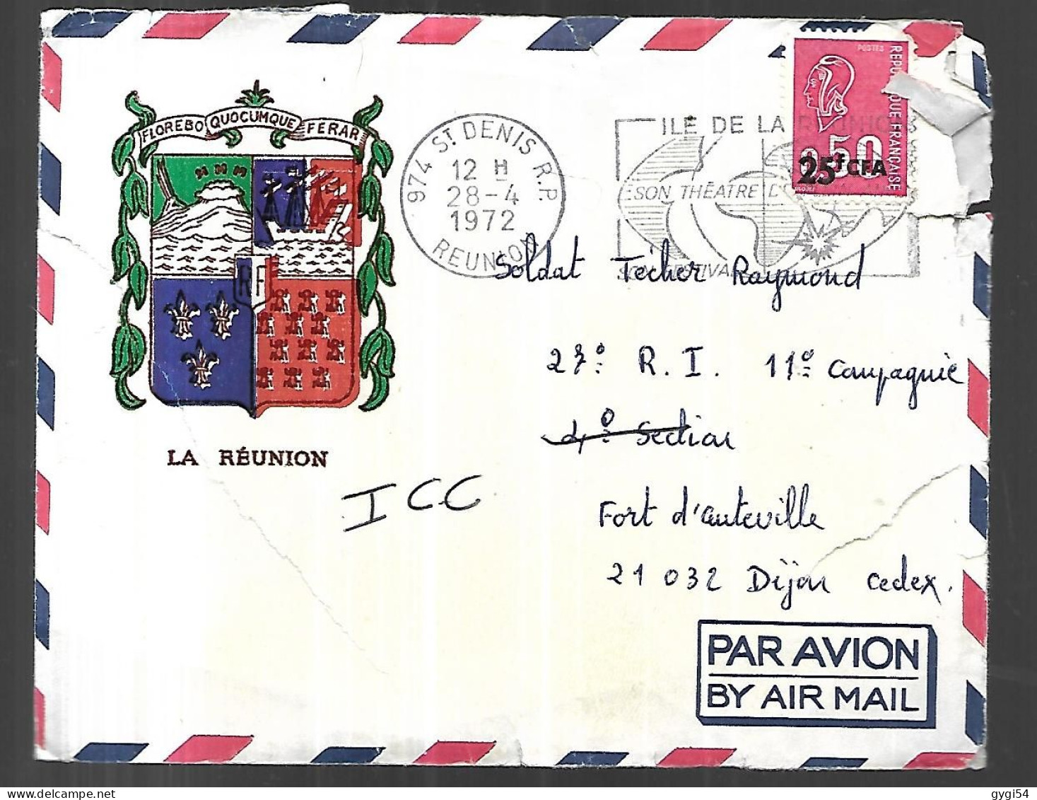 Lettre De La Réunion CFA 1971 N° 393  ( Déchirure ) - Cartas & Documentos