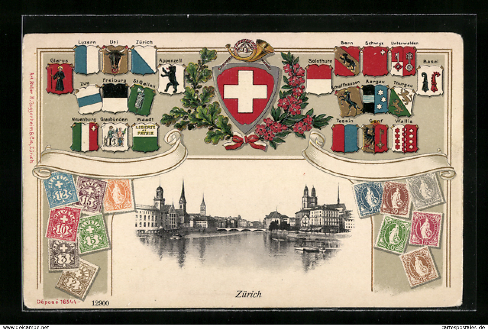 Präge-AK Zürich, Blick Vom Limmat Auf Die Stadt, Gerahmt Von Briefmarken Und Wappen Der Kantone  - Autres & Non Classés