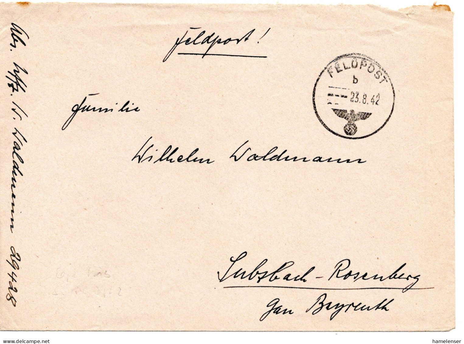 64493 - Deutsches Reich - 1942 - FpBf (Fp#29428/23.8.42 = Stab SS-PolRgt 2) FELDPOST -> Sulzbach-Rosenberg - Lettres & Documents