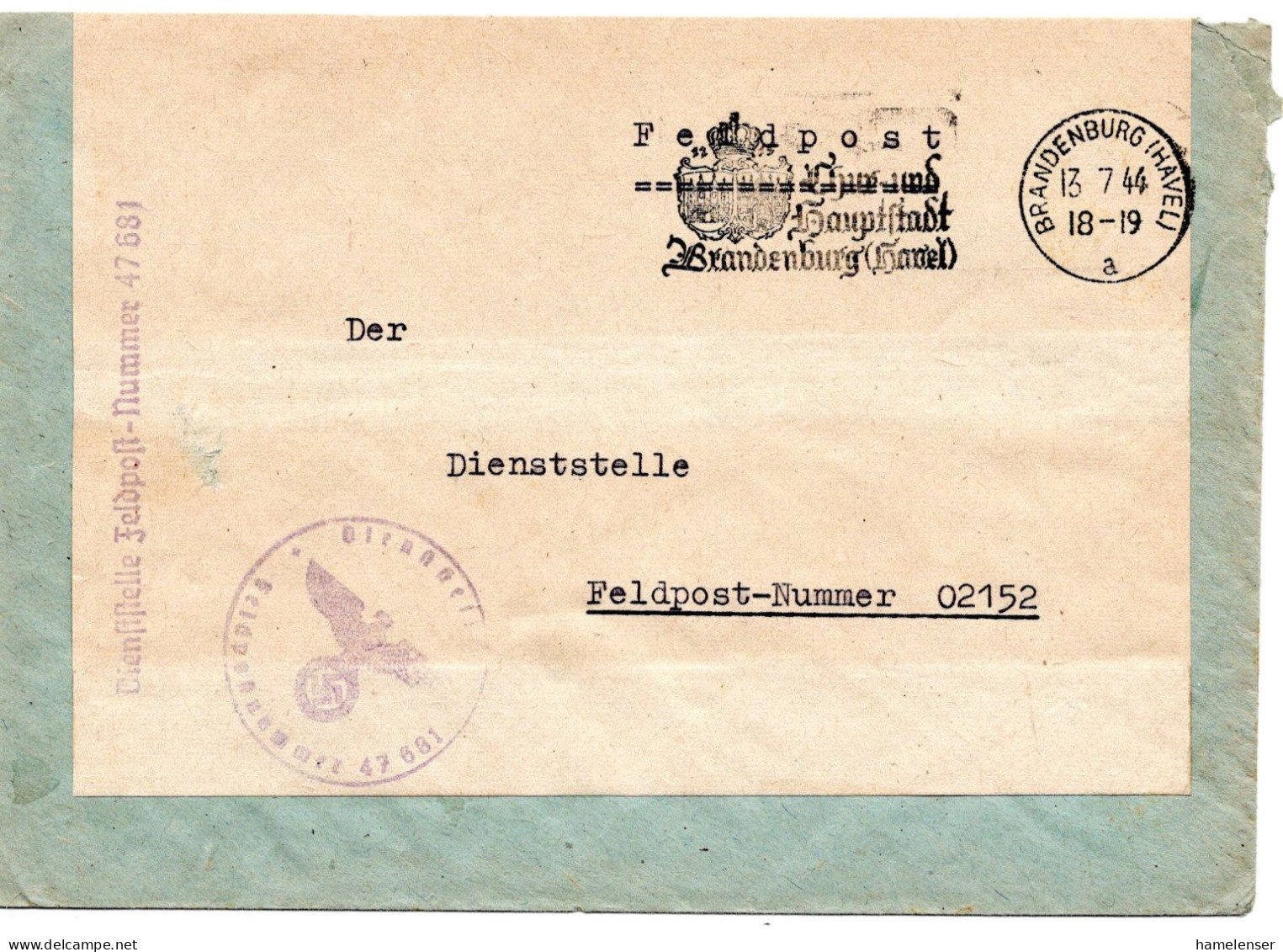 64496 - Deutsches Reich - 1944 - FpBf (Fp#47681/13.7.44) BRANDENBURG -> Fp#02152 (LehrRgt 800 "Brandenburg", 1.Batl) - Briefe U. Dokumente
