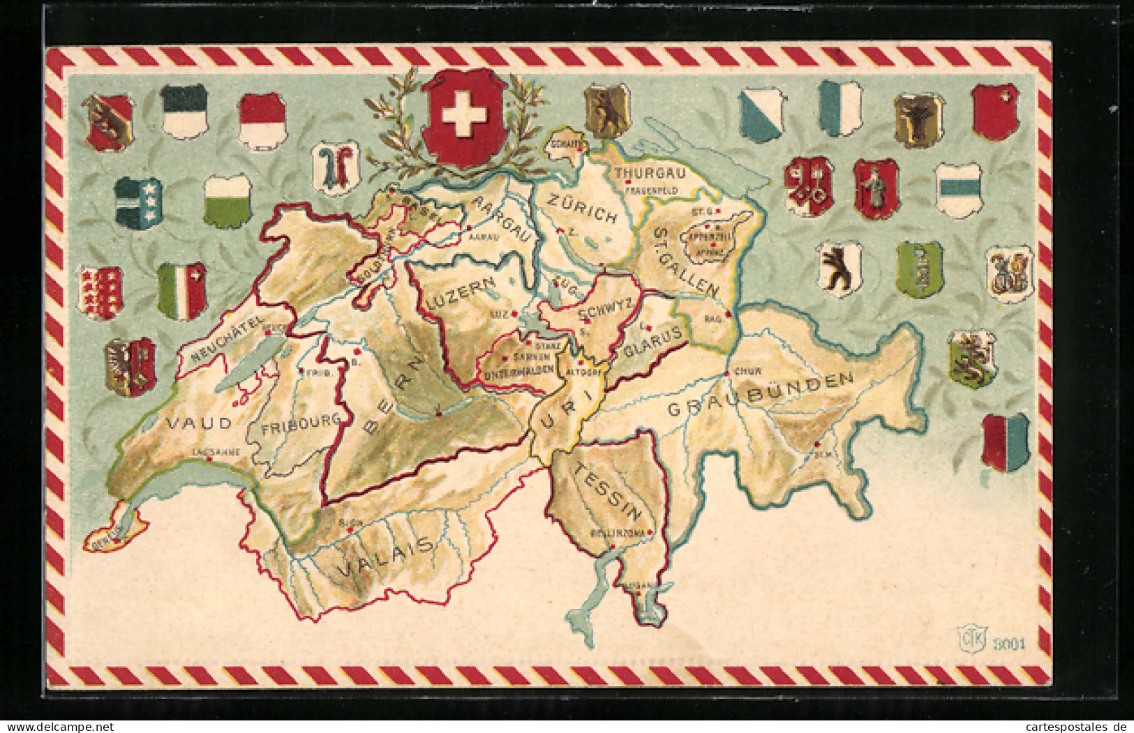 AK Landkarte Der Schweiz Mit Eingezeichneten Kantonen Und Wappen  - Maps